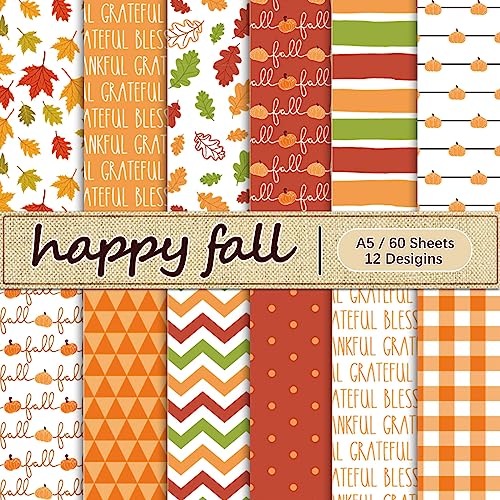Whaline 60 Pcs Fall Pattern Paper Autumn Leaves Pumpkin Plaid Waves Craft Paper Orange Double Sided A5 Sheet for Holiday Thanksgiving Harvest DIY Card Making Scrapbook Photo Album Decor