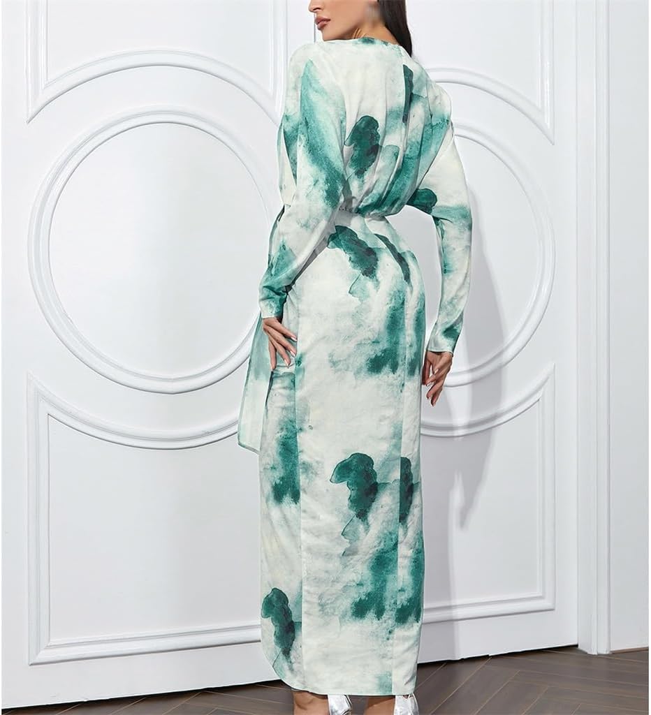 JSEIAJB Sexy Long Sleeve Floral V-Neck Side Split Irregular Dresses