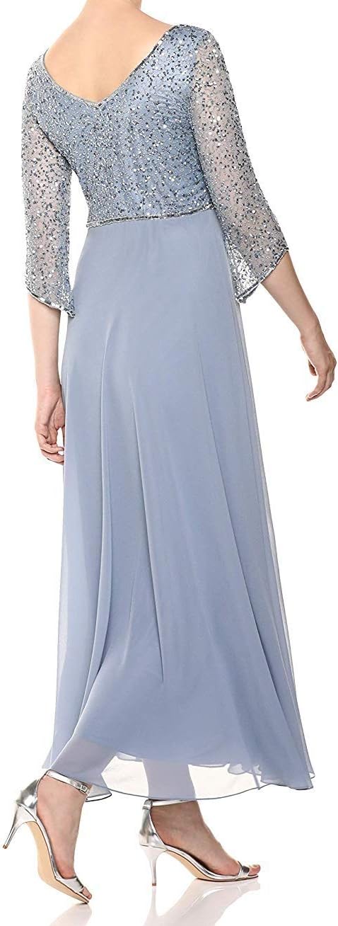 J Kara Women's Petite 3/4 Sleeve V-Neck Beaded Top Long Gown - Image 2
