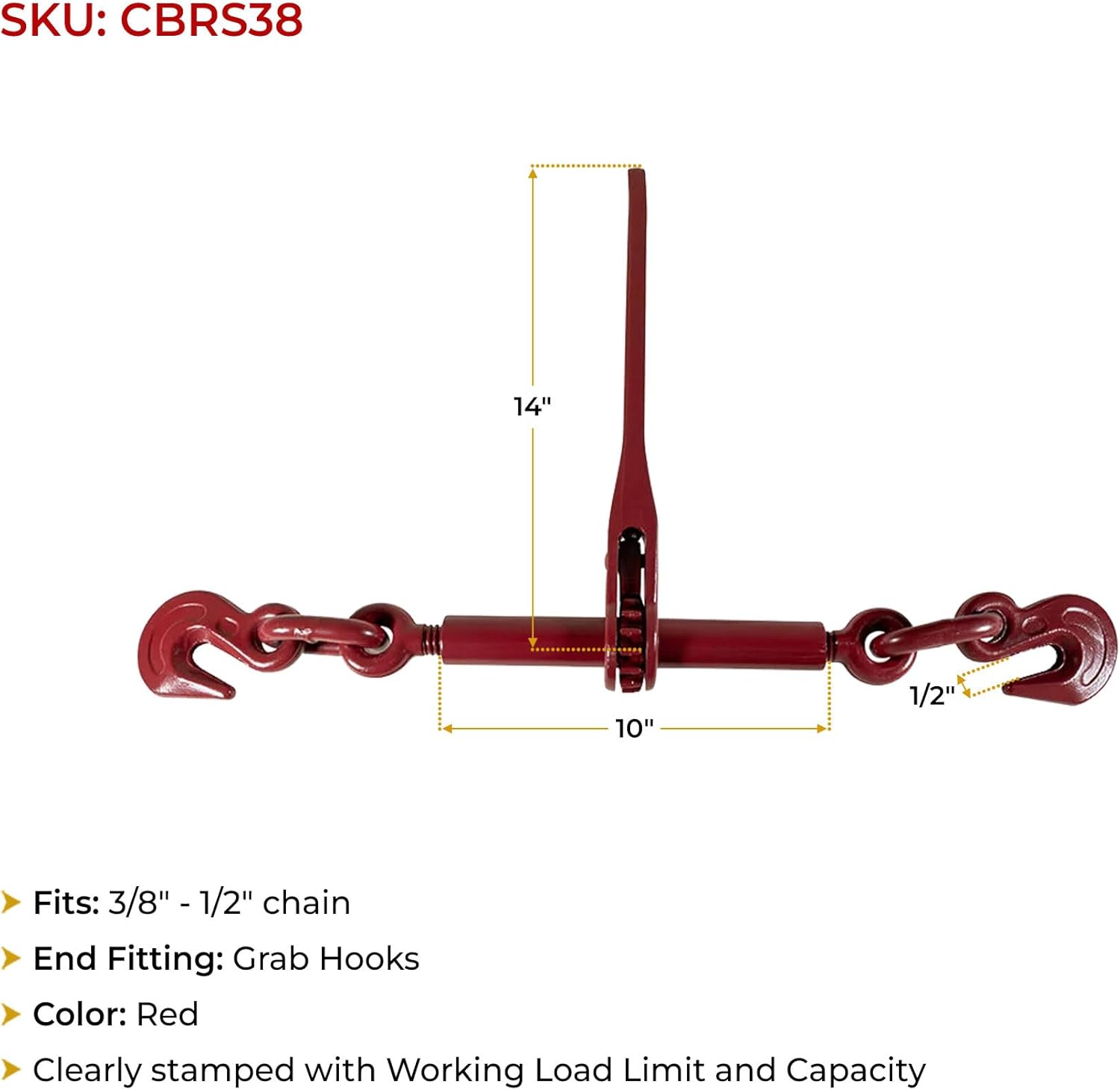 (4 Pack) Mytee Products 3/8"-1/2" Heavy Duty Ratchet Lever Load Binder w/Grab Hooks 9,200 Lbs Working Load Limit | Tie Down Hauling Chain Binders for Flatbed Truck Trailer
