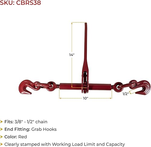 Miniatura 6 de Mytee Products Paquete de 2 carpetas de carga de palanca de trinquete resistente de 38"-12" con ganchos de agarre límite de carga de trabajo de