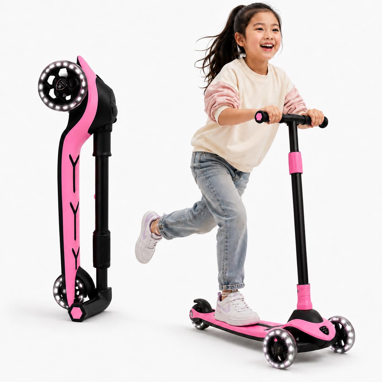 Toyana 3 Wheel Scooter for Kids with LED Light Up Wheels, Easy Foldable Toddler Scooter, Adjustable Height Handlebar Up To 77 cm, Lean to Steer Design for Boys & Girls Aged 3+ Years - Pink