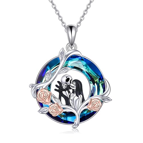 TOUPOP Nightmare Necklace Sterling Silver Crystal Jack and Sally Jewelry Birthday Christmas Gifts - E-Jack and Sally-Blue Circle Crystal-Rose Flower