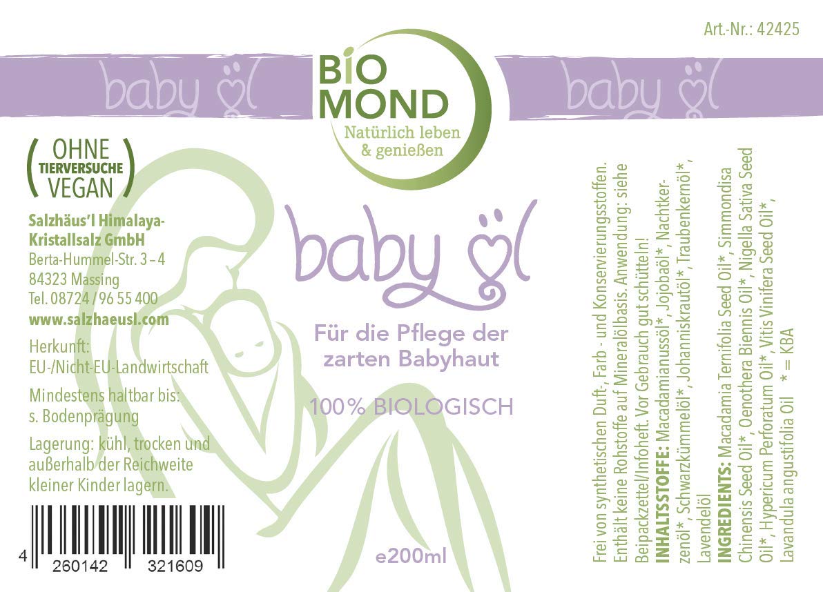 BIO Babyöl BIOMOND TESTSIEGER 200 ml Pumpspender/ohne Zusatzstoffe / 100% natürlich/Naturkosmetik/vegan/von Hebammen empfohlen