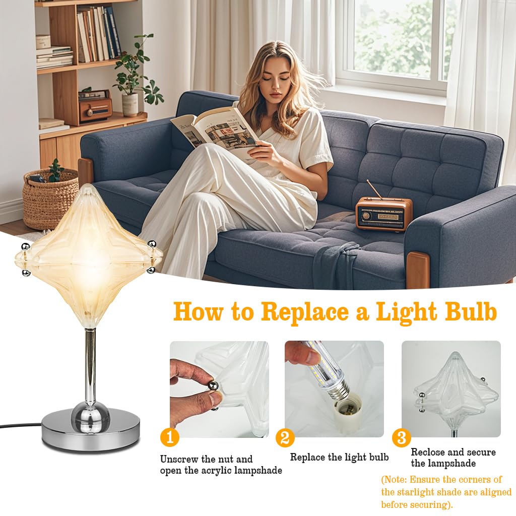 Nachttischlampe Modern,Tischlampe mit Chromfuß und Glas Schirm,Tischlampe Chrom,Schreibtischlampe E27 für Schlafzimmer,Arbeitszimmer,Kinderzimmer,Deko Leuchte,Enthält Glühbirne,12W,3 Farbentemperatur
