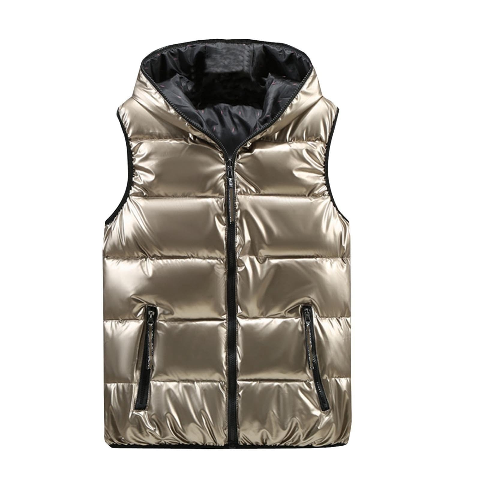 Gilet Chaud d'hiver pour Femme – Gilet en Duvet Doré Brillant pour Femme, Doudoune Épaisse sans Manches, Vêtements d'hiver Amples, Veste De Ski en Plein Air, Gilet À Capuche Coupe-Vent