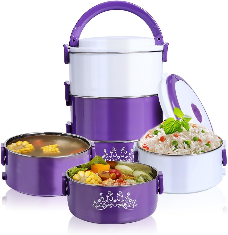 jaaytct Lunch Box Stainless Steel Thermal Insulated Bento Box 4-Tier Food Container Work School Picnic Bento Food Storage for Students Purple,3.0L