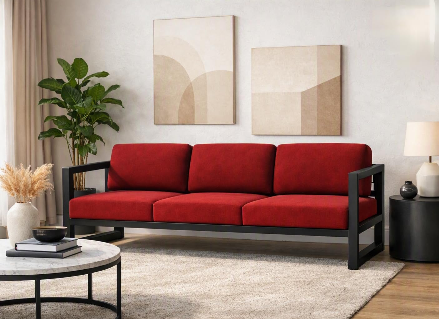 Modern 3-Seater Outdoor Sofa with Red Cushions, Black Metal Frame Set Upon a Sturdy Black Metal Geometric Base Frame.-image-6