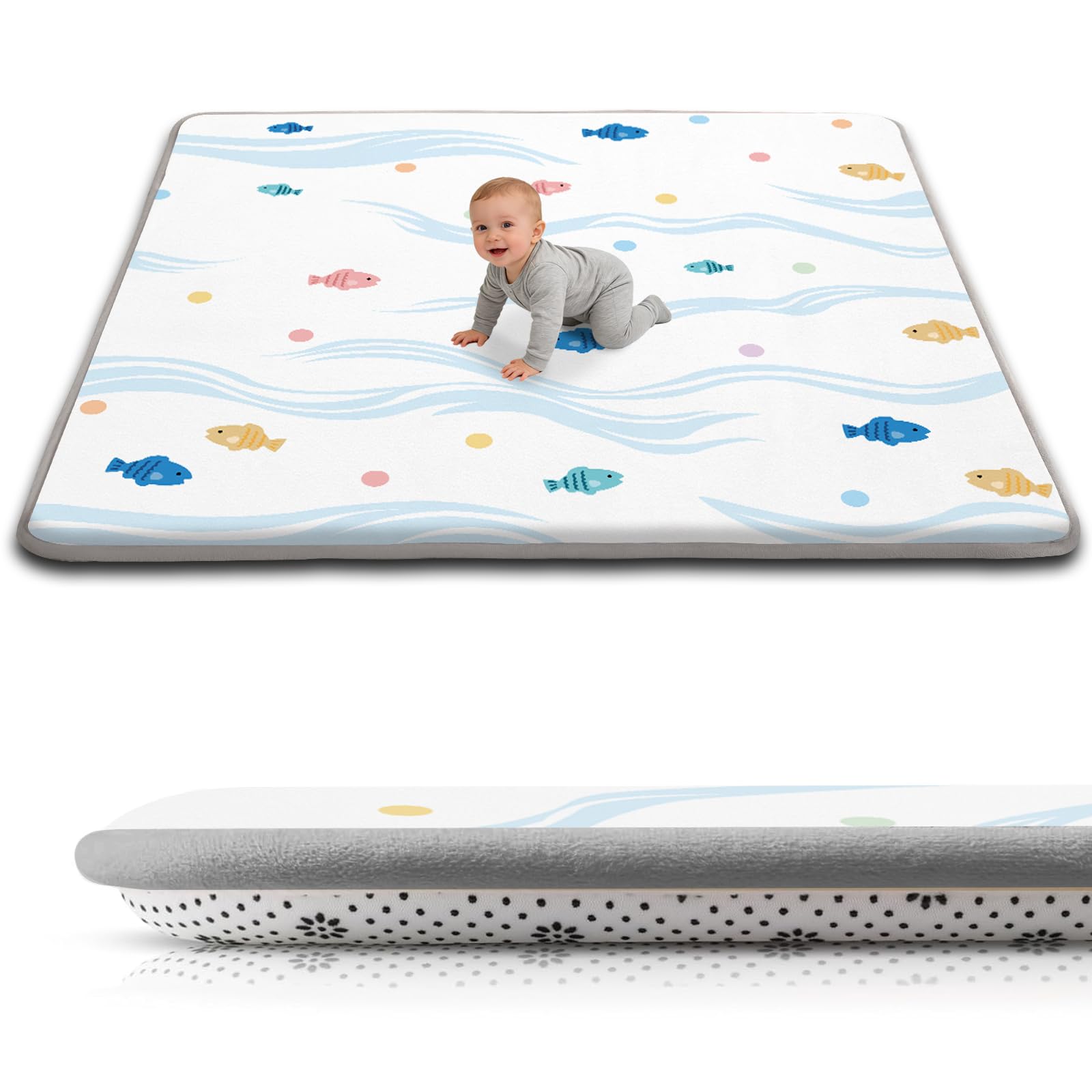 Photo 1 of TreeBud Baby Play Mat for Floor, 1.3-Inch Thickened Foam Soft Padded Playmat for Tummy Time, 59x79 Water-Repellent Coral Velvet Playpen Mat for Toddlers Infant Kids, Cute Little Fish Print