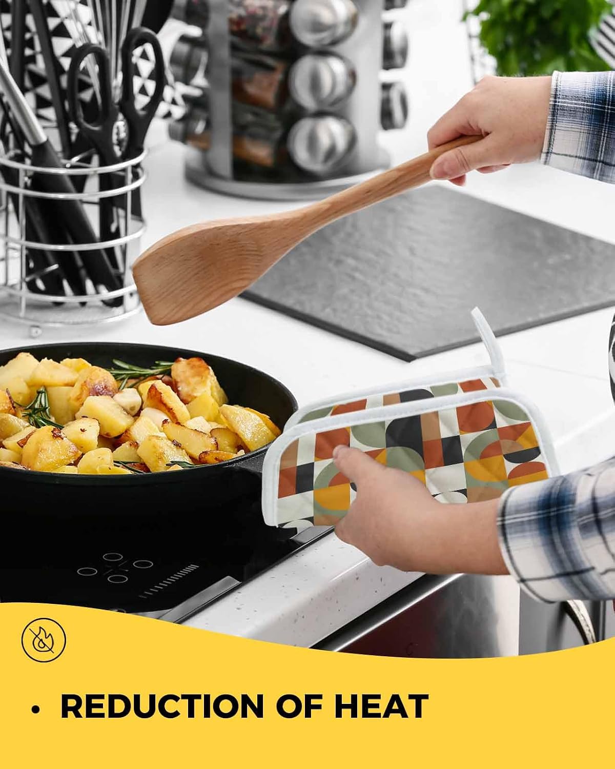 Luxurious, Pot Holders for Kitchen Heatproof Potholder, 5 Pack Abstract Middle Century European American Colors Hot Pads Multipurpose Oven Pads Terry Cloth Potholders Trivet for Cooking Baking
