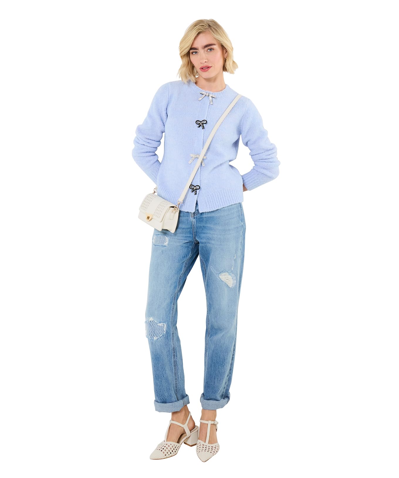 Joe Browns Women's Bow Popper Button Cardigan, Regular, Blue, UK 22