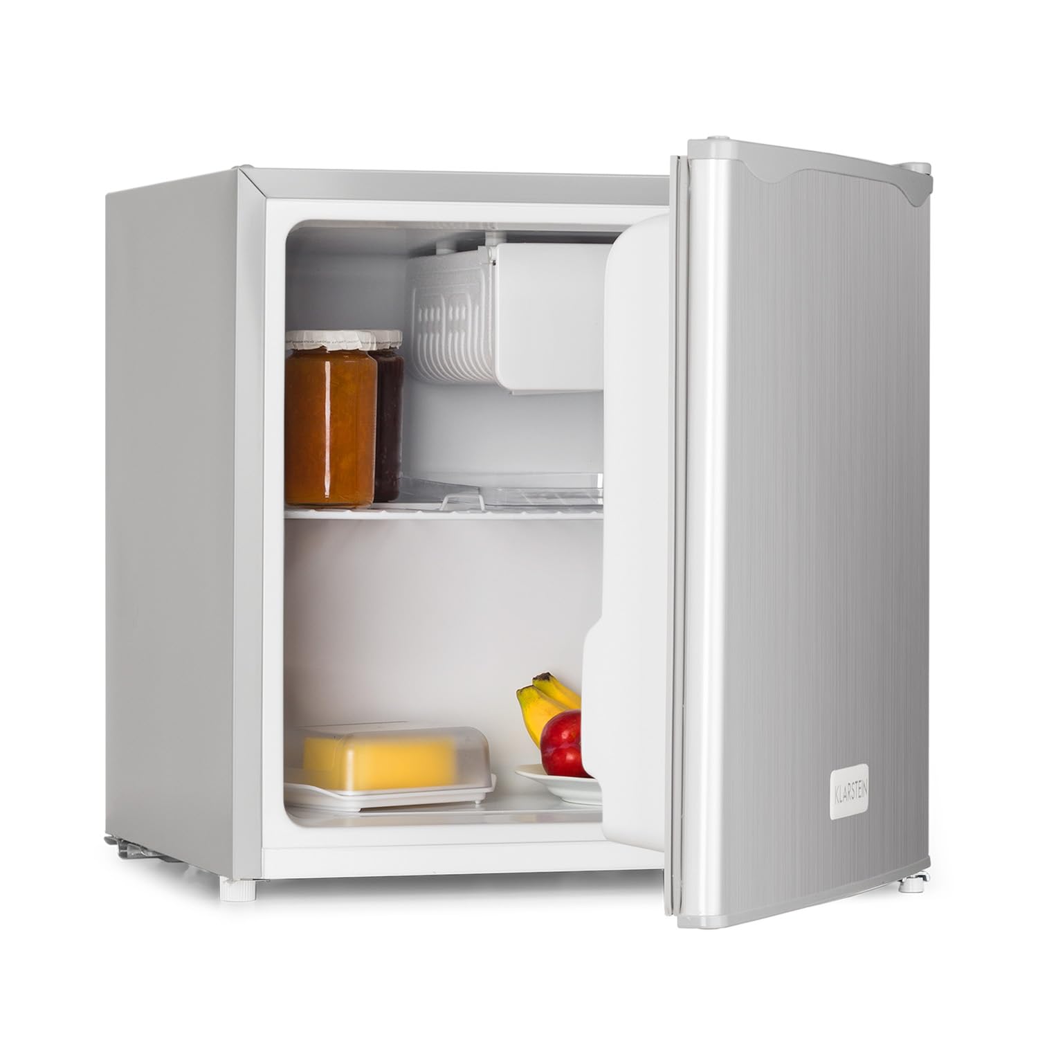 Klarstein Mini Bar, Mini Nevera, Frigorífico, 46L, 47x49.5x44.4 cm, Silencioso, Estante, Compartimento de almacenaje en la puerta, 1 Botellero, Adj. Temperatura, plata