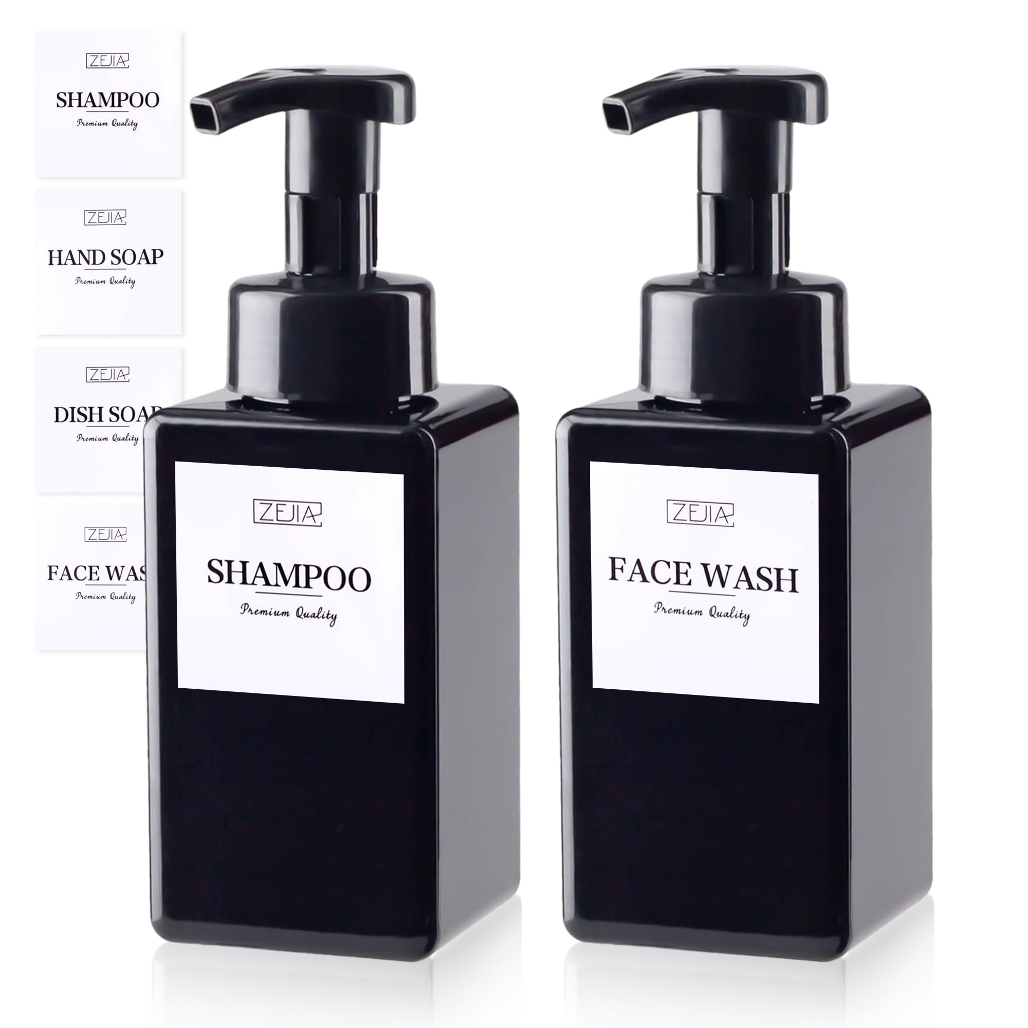 ZEJIA 15OZ Foaming Soap Dispenser, 2-Pack Plastic Hand Soap Dispenser, Refillable Leakproof Foam Pump Bottle with Waterproof Labels, for Shampoo, Body