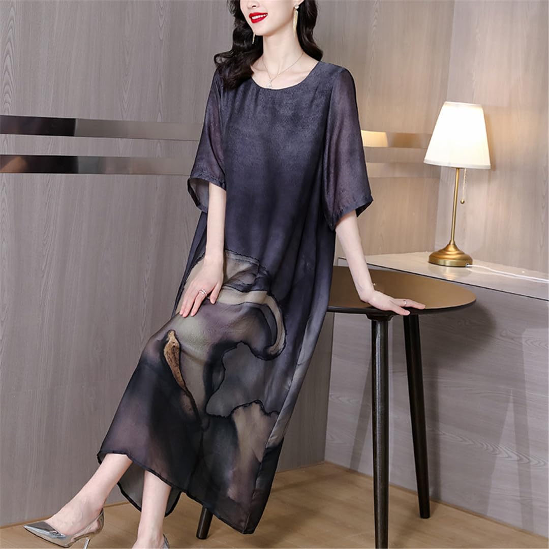 Mkjuuior Damska jedwabna sukienka z nadrukiem plus size, luźna, elegancka sukienka z wysokim stanem, okrągły dekolt, EN8, L