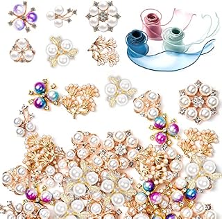 Pajaver 60 Pieces Rhinestone Buttons with Ribbon, Faux Pearl Rhinestone Flower Button Embellishments Buttons for Jewelry Making Wedding Party Gift Home Decoration DIY Craft Hair Accessory