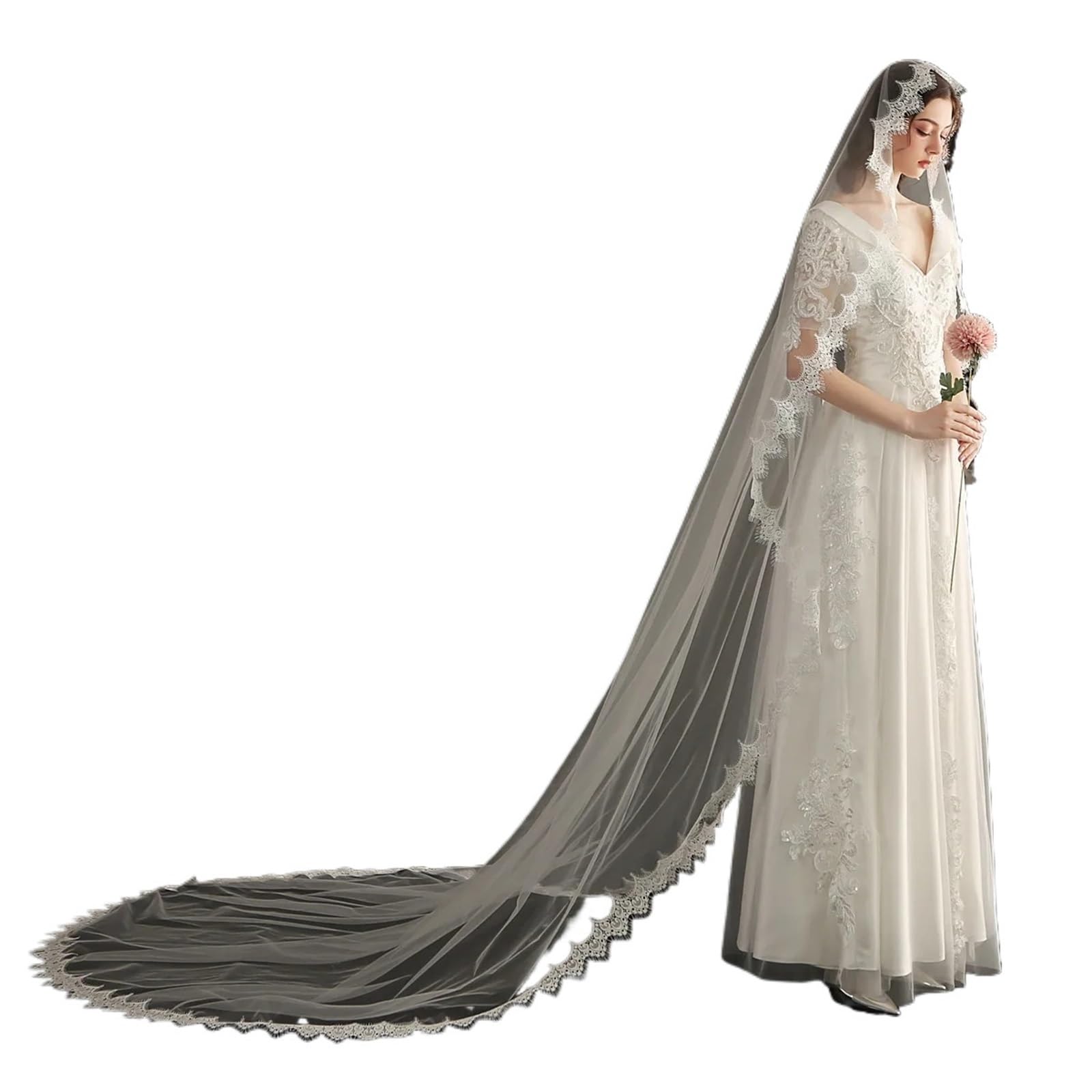 Genérico Elegante velo de novia de una capa: borde completo con pestañas, velo de novia largo con peine