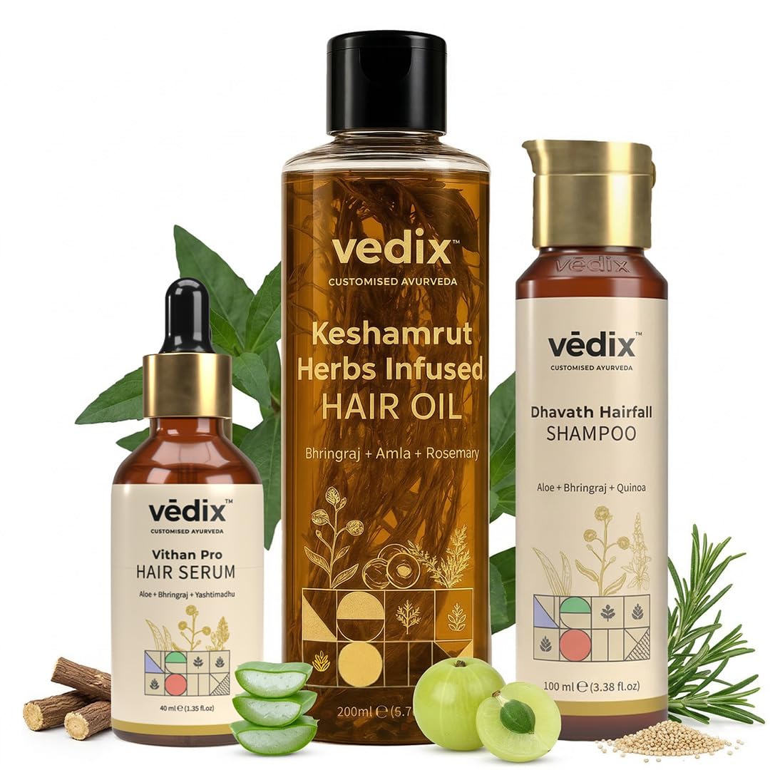 Vedix Keshamrut Hair Care Combo With Keshamrut Herbs Infused Hair Oil, Davath Hairfall Shampoo and Vithan Pro Hair Growth Serum (100 ml + 200 ml +40ml)