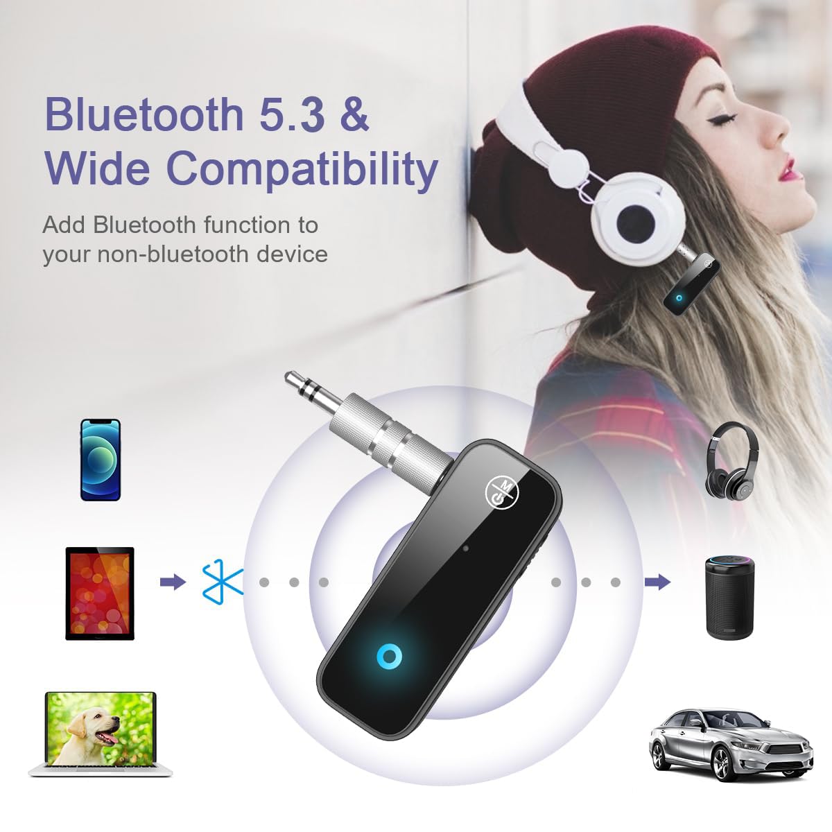 Adaptador Bluetooth auxiliar para coche, receptor transmisor Bluetooth 2 en 1 para llamadas manos libres, cancelación de ruido, receptor AUX Bluetooth 5.0 de 3.5 mm para sistema estéreo