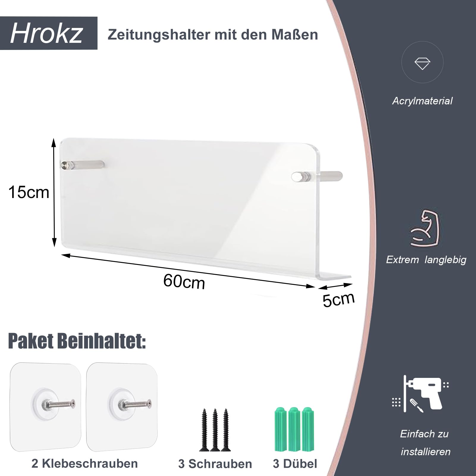 Portariviste Da Parete Hrokz 60cm Trasparente - Adesivo O Con Viti, Per Bagno Cucina Cameretta