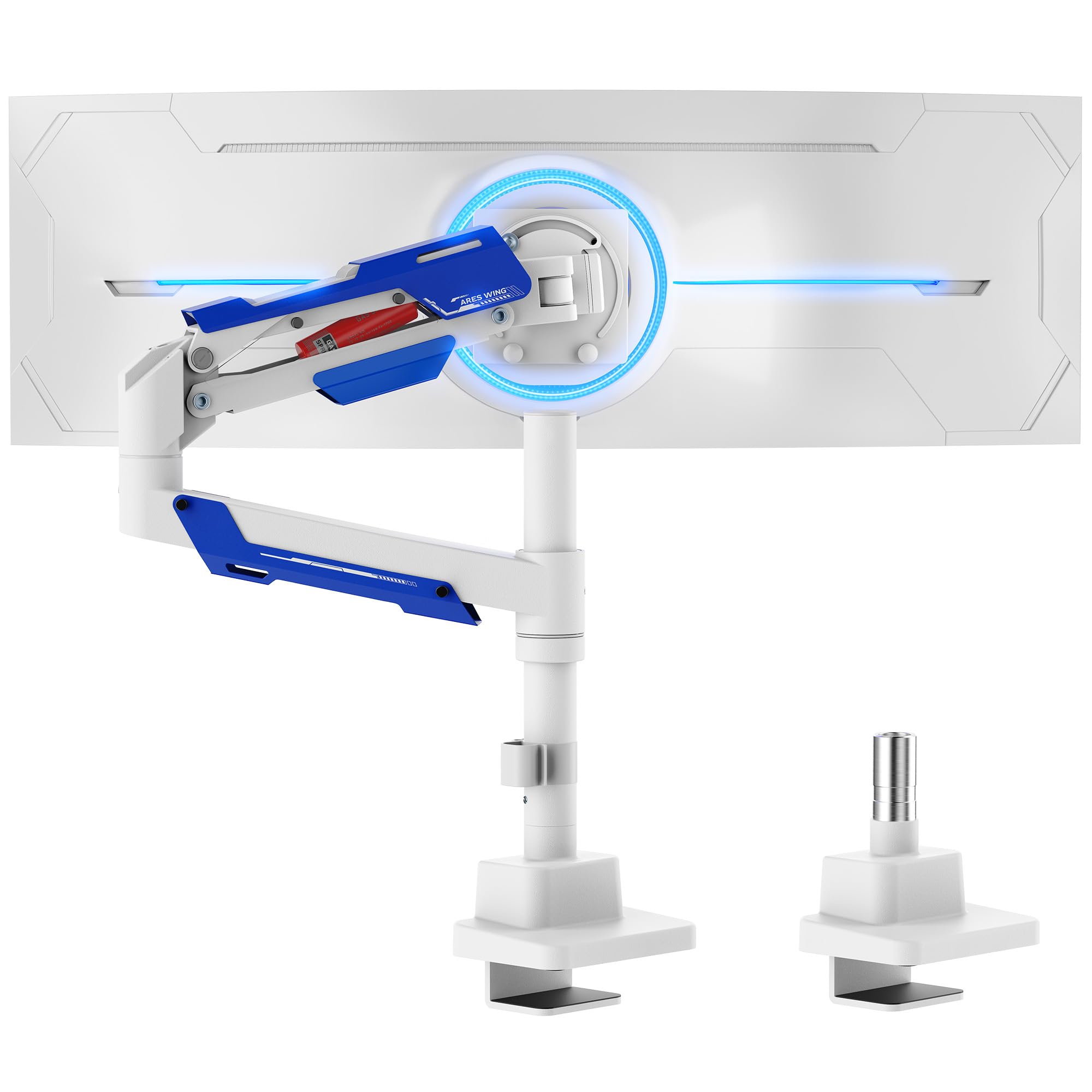 ARES WING Supporto per monitor per schermo da 24 – 57", Bianco | resistente supporto per monitor fino a 30 kg, braccio per monitor da gioco con asta, VESA Max 200 x 200
