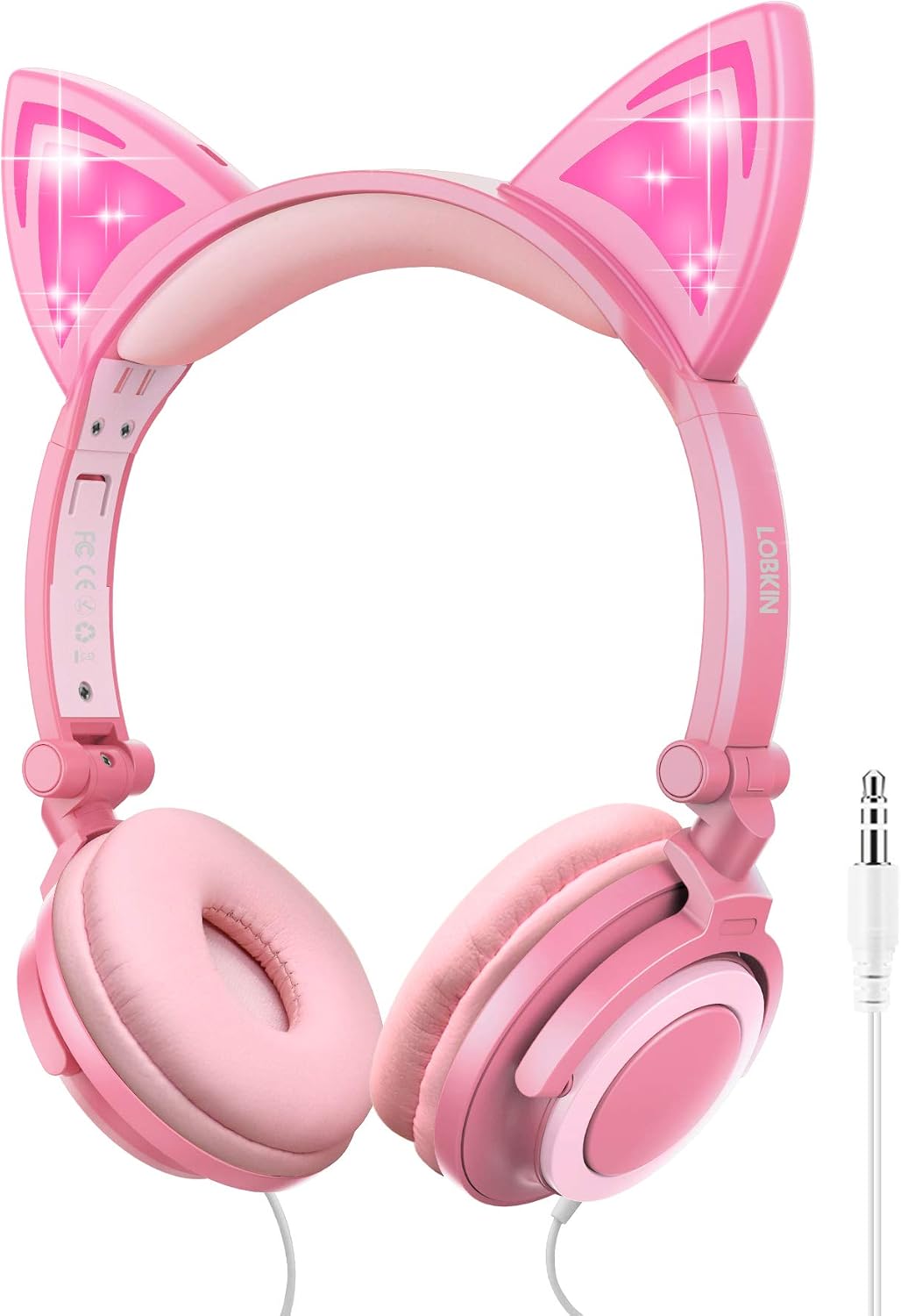 LOBKIN Headphones Kids, Headphones Cat Ears with LED, 85dB Volume Limiter, Foldable, Kids Headphones with Wire for Girls Boys (Cat Ears - Peach)