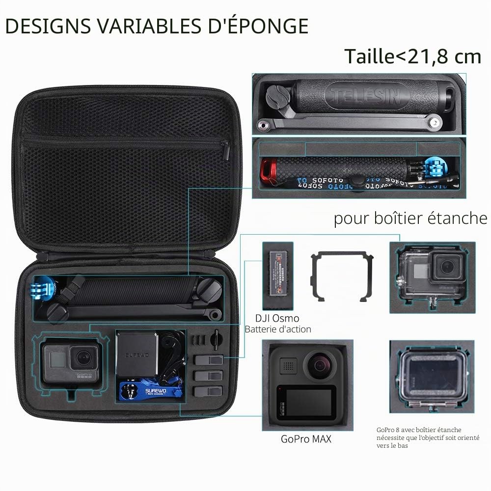 Étui de Transport Moyen résistant à l'eau Compatible avec GoPro Hero 13/12/11/10/9/8/7/(2018)/6/5/4 Noir, Sac de Rangement de Voyage pour AKASO/Campark/YI/DJI Osmo Action Camera et Plus