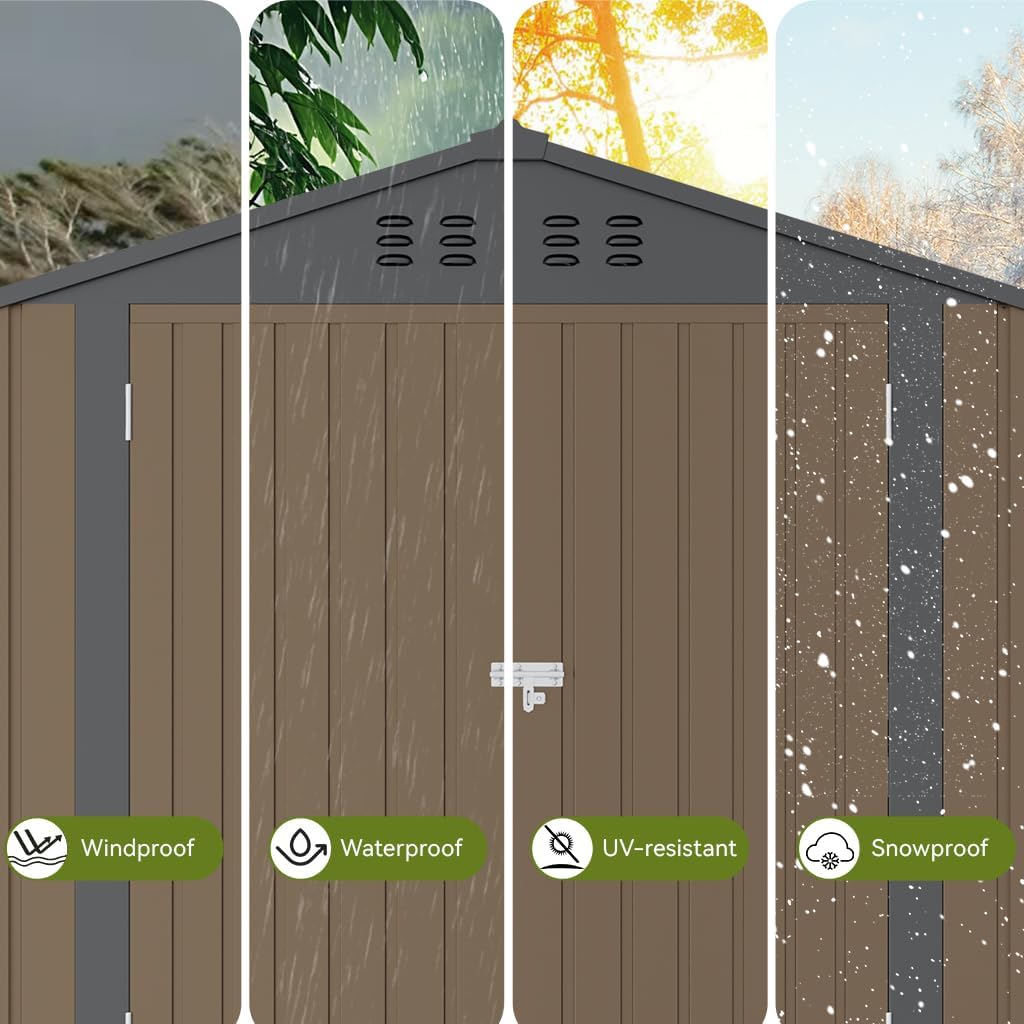 COMHOMA Shed Outdoor Storage Shed Metal,Lockable Doors Tool Sheds with Sloping Roof,Steel Garden Shed with Air Vent for Backyard,Patio,Lawn,Poolside(Brown,6'x4')