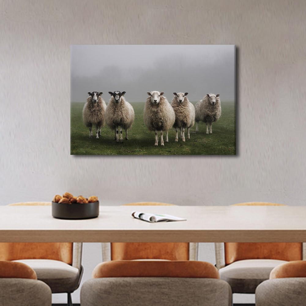 TISHIRON Canvas Prints Wall Art Sheep In Field Pictures Painting Canvas Wall Art Painting 1 Panel Large Modern Posters and Prints Pictures for Living Room Bedroom Office Framed Ready to Hang 24x16 in - Image 2