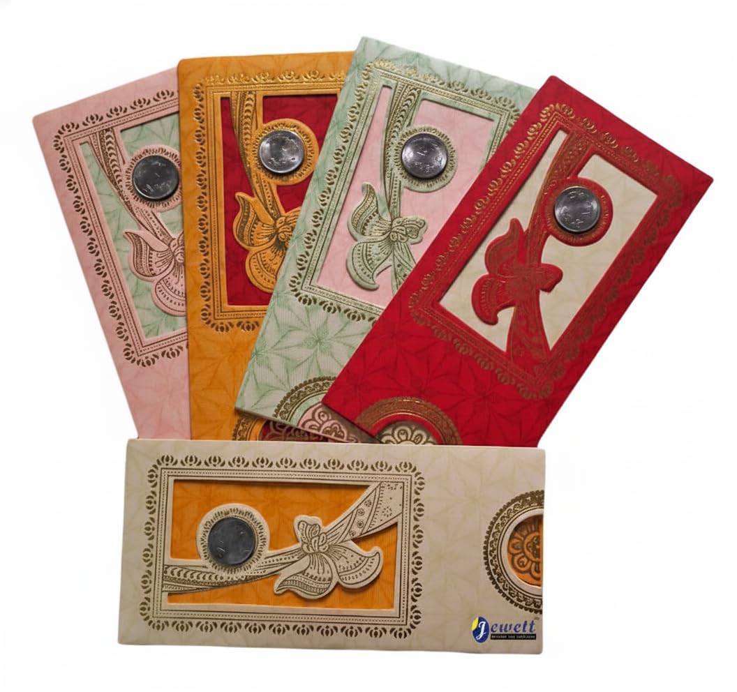 Jewett Shagun envelop with coin, wedding shagun envelope with coin, Designer Sagan Cash Money Envelopes, Anniversary, Birthday and many other Occasions (Multicolor) (Pack of 50)