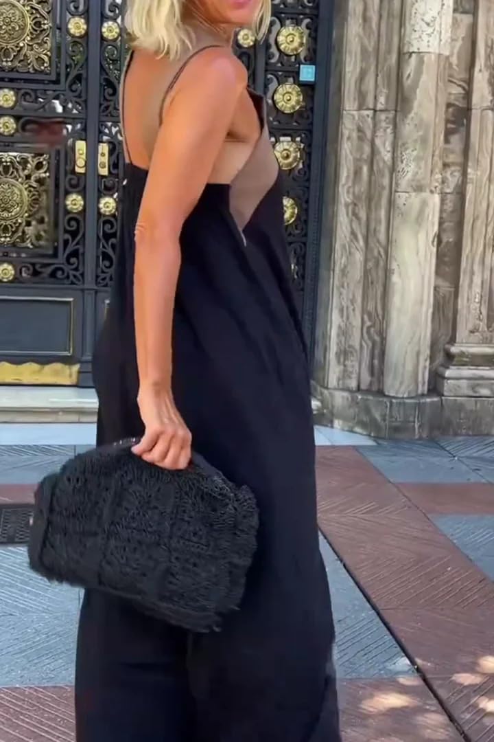 Generico Maxi Abito da Donna in Lino e Cotone con Scollo all'Americana a Contrasto; Abito Lungo in Lino e Cotone, Modello Boho Ampio e Fluido, Senza Maniche, con Incrocio sulla