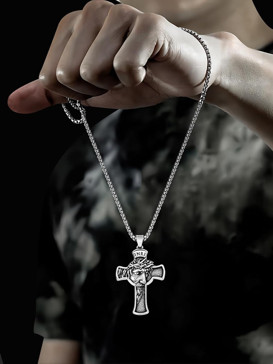 Catholic INRI Crucifix Necklace for Men & Women Stainless Steel Jesus Crown of Thorns Cross Pendant - Image 4