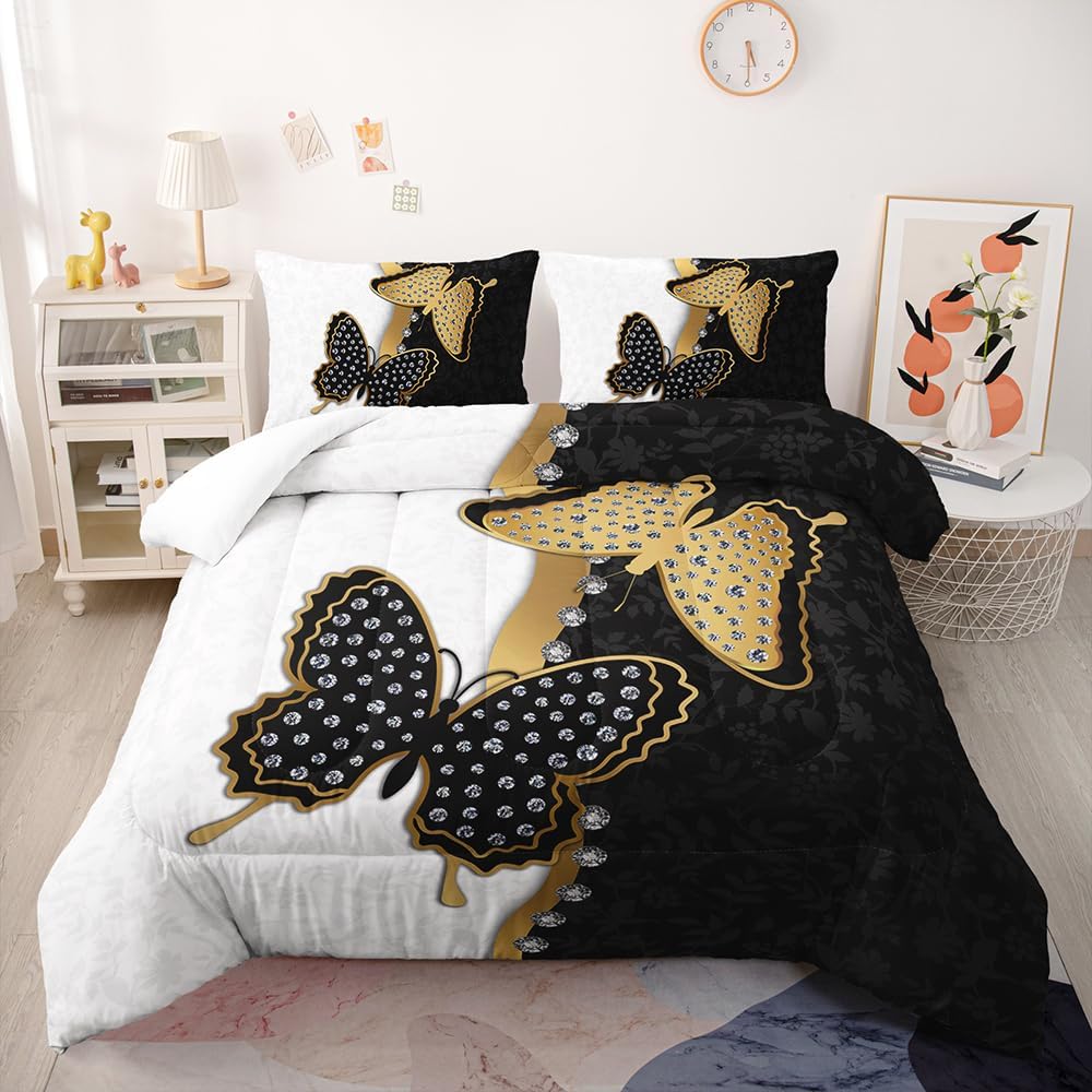 Women Butterfly Bedding Black Gold Diamond Butterflies Patchwork Comforter Set King Size 3D Wings Quilt Set 3 Pieces Soft Lightweigh Microfiber Down Comforter, 104x90