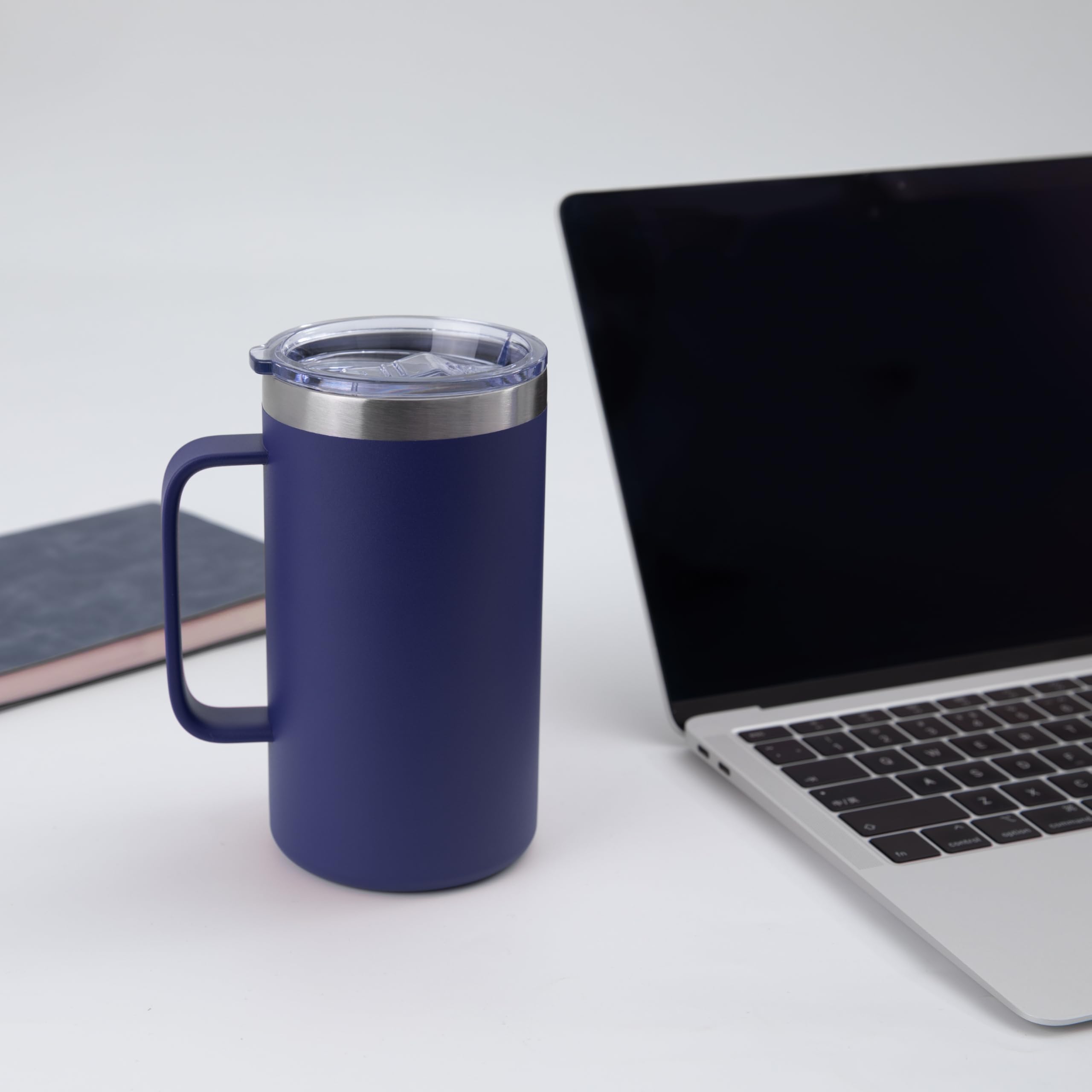 DOMICARE Taza de café de acero inoxidable de 24 onzas con asa y tapa, taza de viaje con asa, vaso de café al vacío de doble pared, taza aislada reutilizable, azul marino, paquete de 8