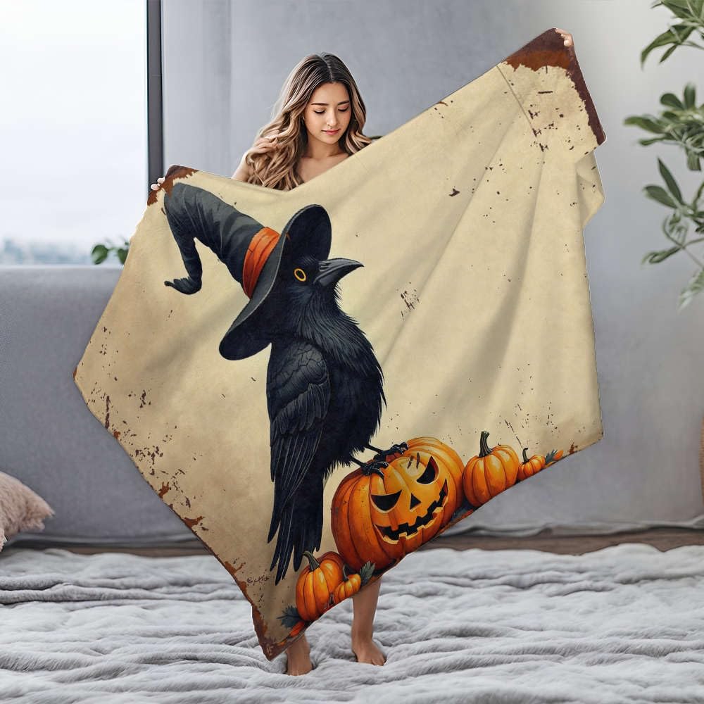Couverture flanelle Halloween corbeau pour lit et jeté blanc 150 x 200 cm