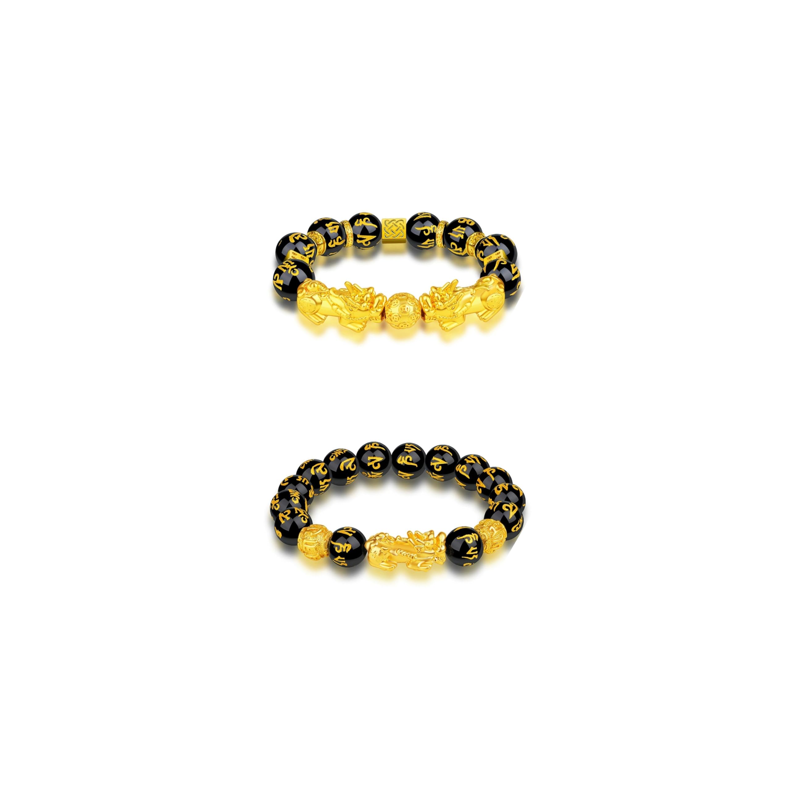 2 pulseras de Feng Shui para hombre, pulsera Pixiu de oro, obsidiana negra, riqueza y suerte, pulseras elásticas ajustables con cuentas espirituales, regalo de año nuevo chino, Talla única