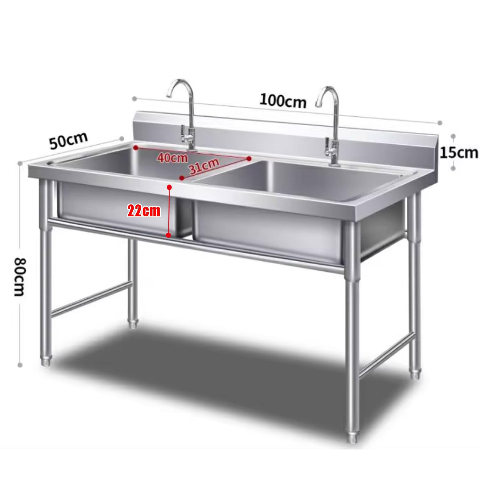 Lavandino Utilitario Grande a Doppio Vaso, Lavandino Commerciale in Acciaio Inox 304 per Lavaggio a Mano con Rubinetto per Acqua Fredda per Esterni, Garage, Lavanderia, Giardino 100cmx50cmx80cm