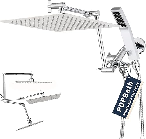 PDPBath Alcachofa de ducha de metal de 12 pulgadas con brazo de extensión flexible de 16 pulgadas, cabezal de ducha con combo de mano, manguera de