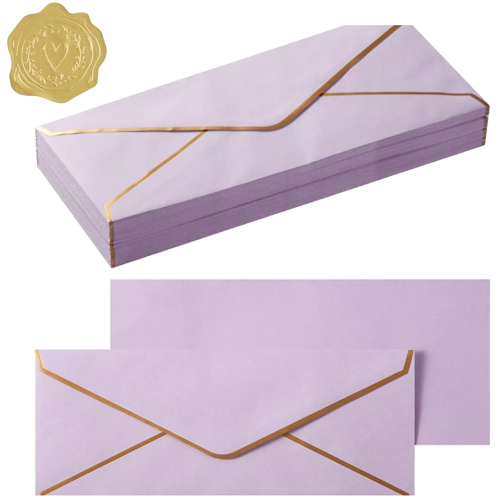 20 Pcs Gold Border Long Invitation Envelopes 9.49 X 4.13 Inches V Flap Quick Self Seal Envelopes with Gold Sticker Gift Envelope for Greeting Cards Wedding Birthday Handmade Invitations Xmas