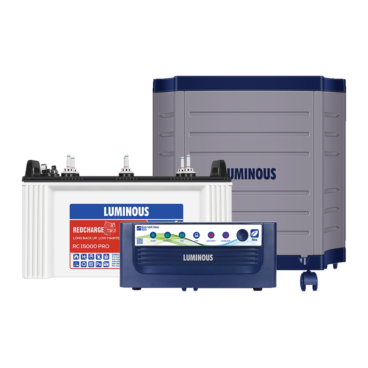 Inverter & Battery Combo for Home, Office & Shops (Eco Volt Neo 850 Pure Sine Wave Inverter, RC 15000 120 Ah Short Tubular Inverter Battery, Trolley)