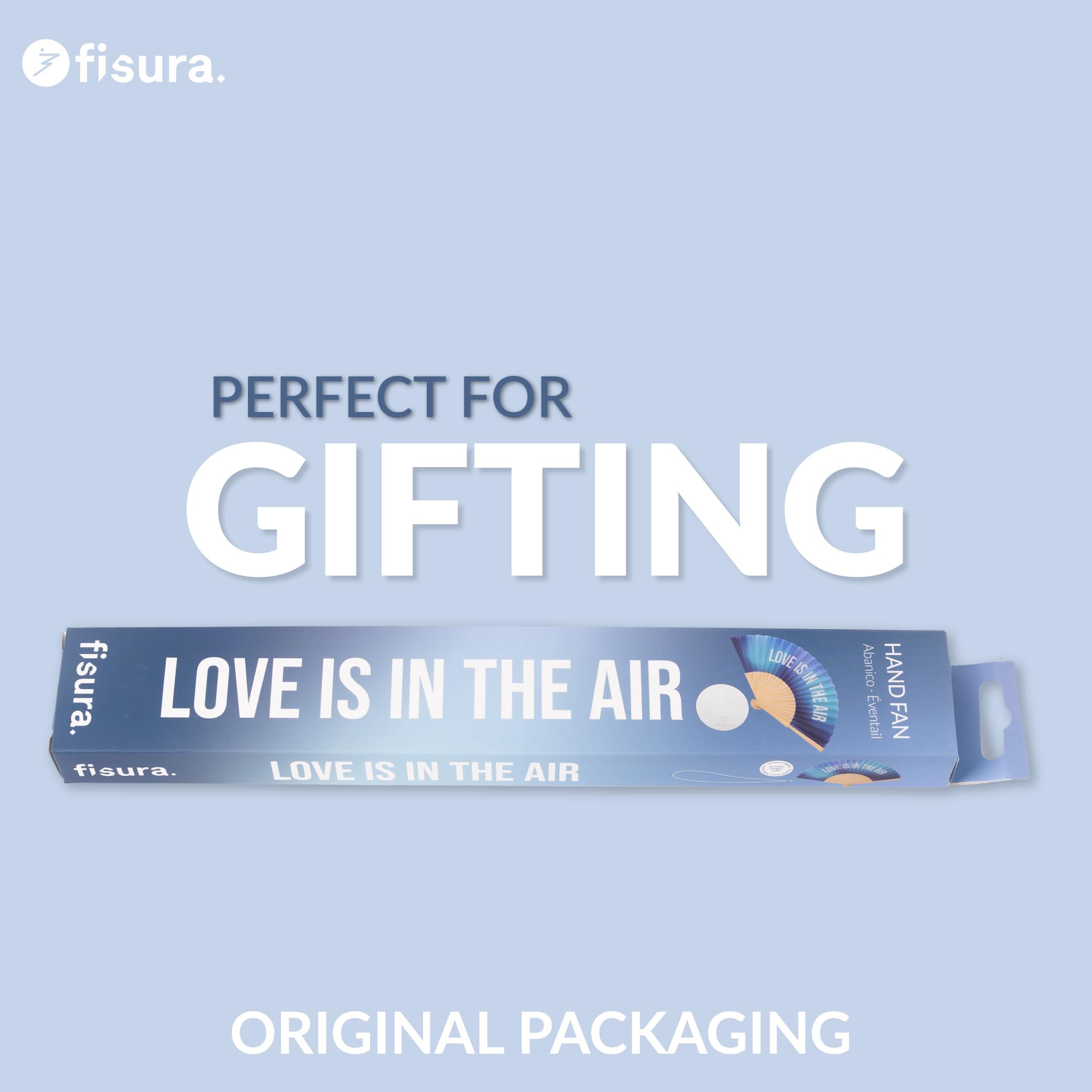Fisura – Oryginalny wachlarz z napisem “love is in the air”, idealny na ślub. Drewniany model z niebieskim gradientem. W zestawie pasek do zawieszenia. Wymiary: 42,5 x 23 cm