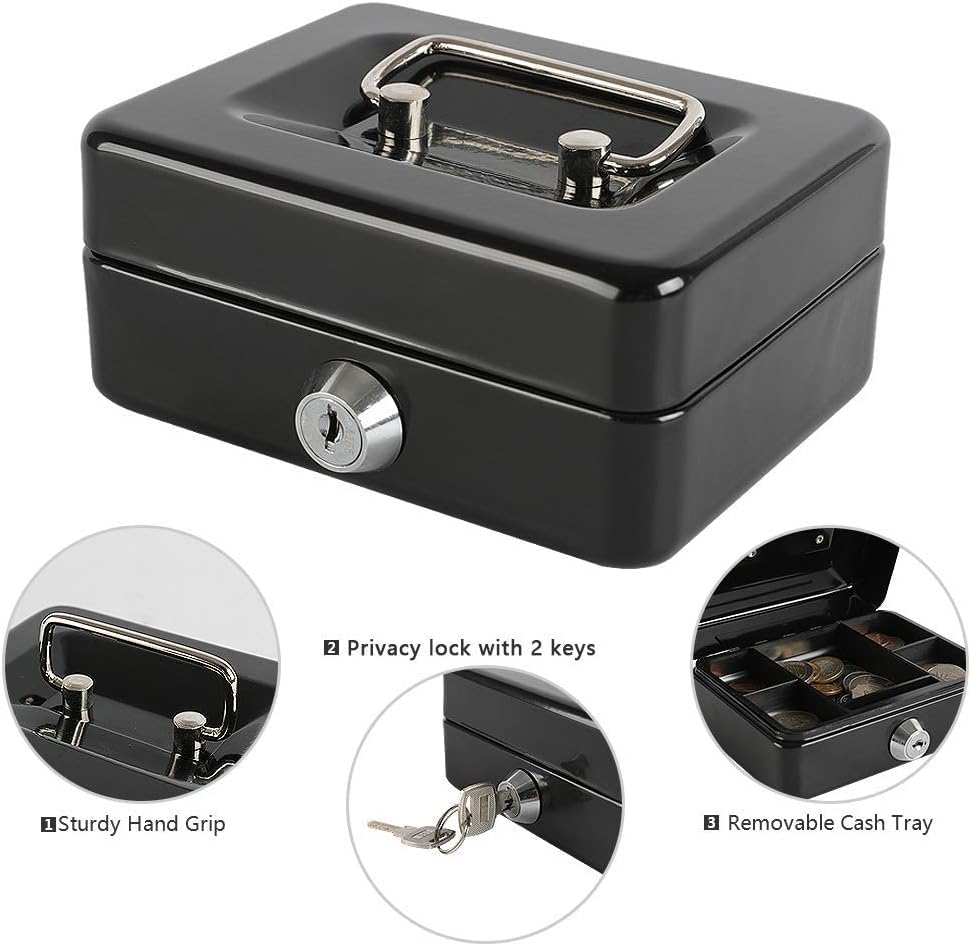 Image of Wosta Cash Money Safe Box - Compact Solid Steel Lockable Security Storage Chest for Loose Money, Coins, Change & Valuables with 2 Keys (Medium)5.9 inch x 3.1 inch x 4.7 inch Black