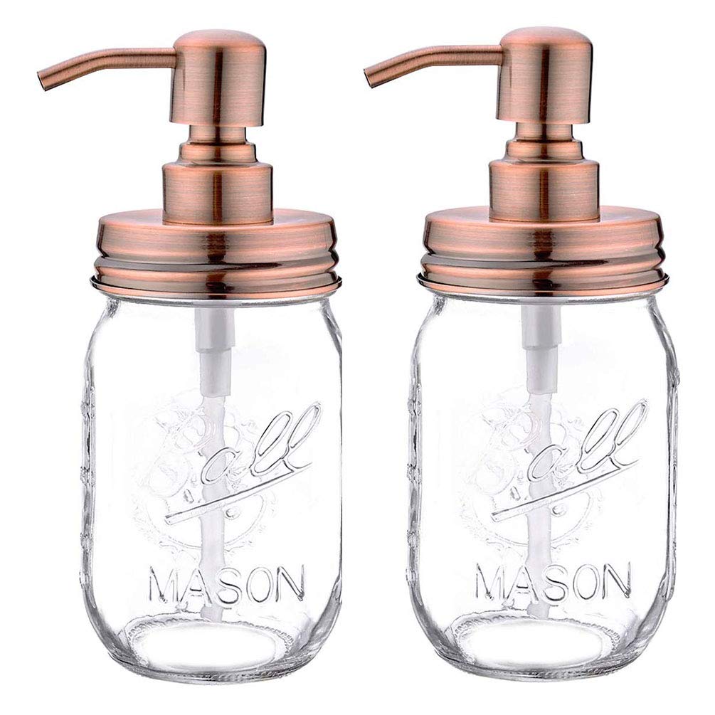 16oz Mason Jar Soap Dispenser-Farmhouse Soap Dispenser w/Stainless Steel Pump-Liquid Hand Soap Dispenser For Kitchen and Bathroom (Copper,2)