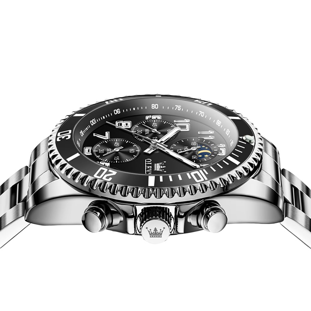 OLEVS Reloj de Pulsera para Hombre, cronógrafo, de Lujo, Fase Lunar, de Acero Inoxidable, Resistente al Agua, Luminoso, Calendario de Negocios, Reloj de Pulsera