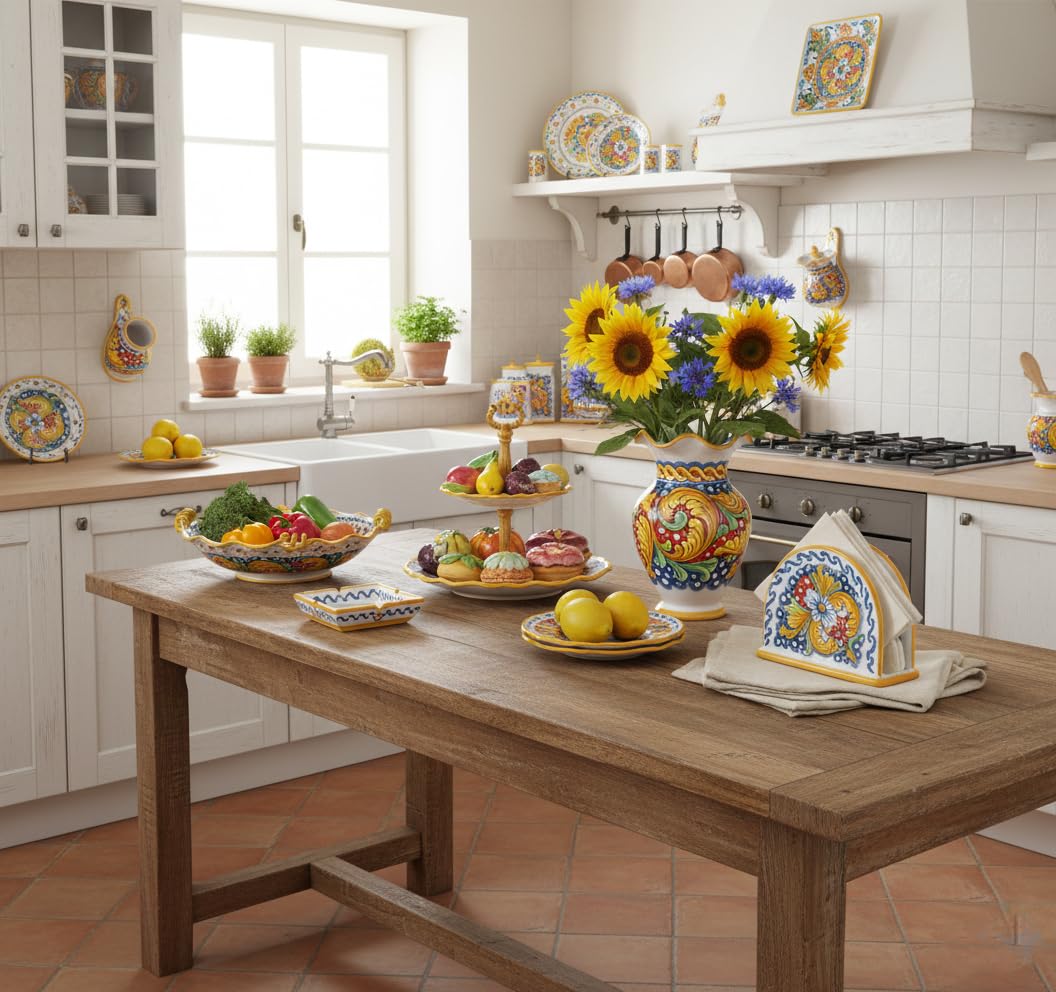 ILAB Saliera in ceramica decorata a mano da ceramisti siciliani di Santo Stefano di Camastra fiore rosso art 15
