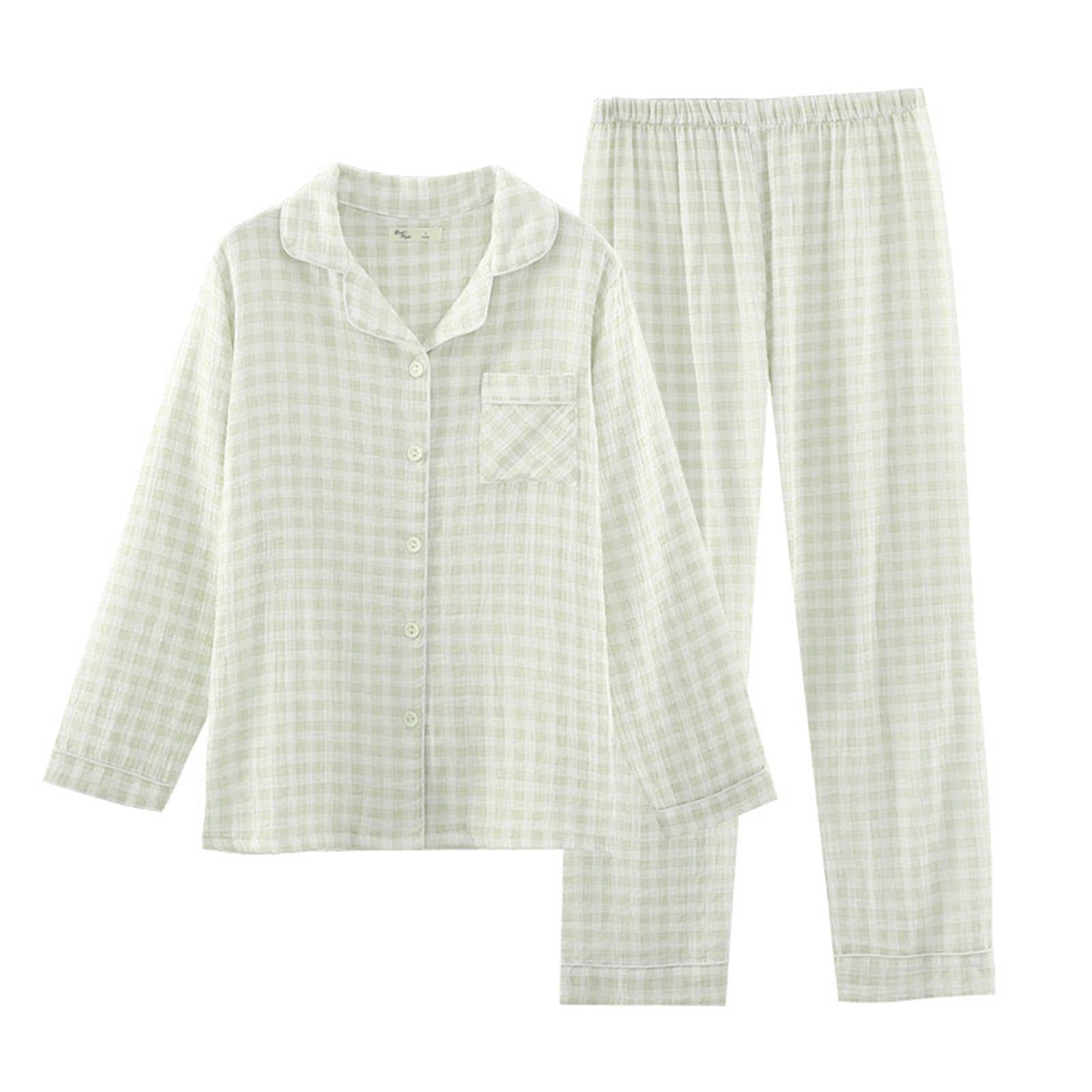 Generisch Pijama largo para mujer, conjunto de pijamas de doble capa, conjunto de pijamas de gingham para mujer, ropa de dormir ligera de verano y ropa de casa, elegante y cómoda ropa de salón