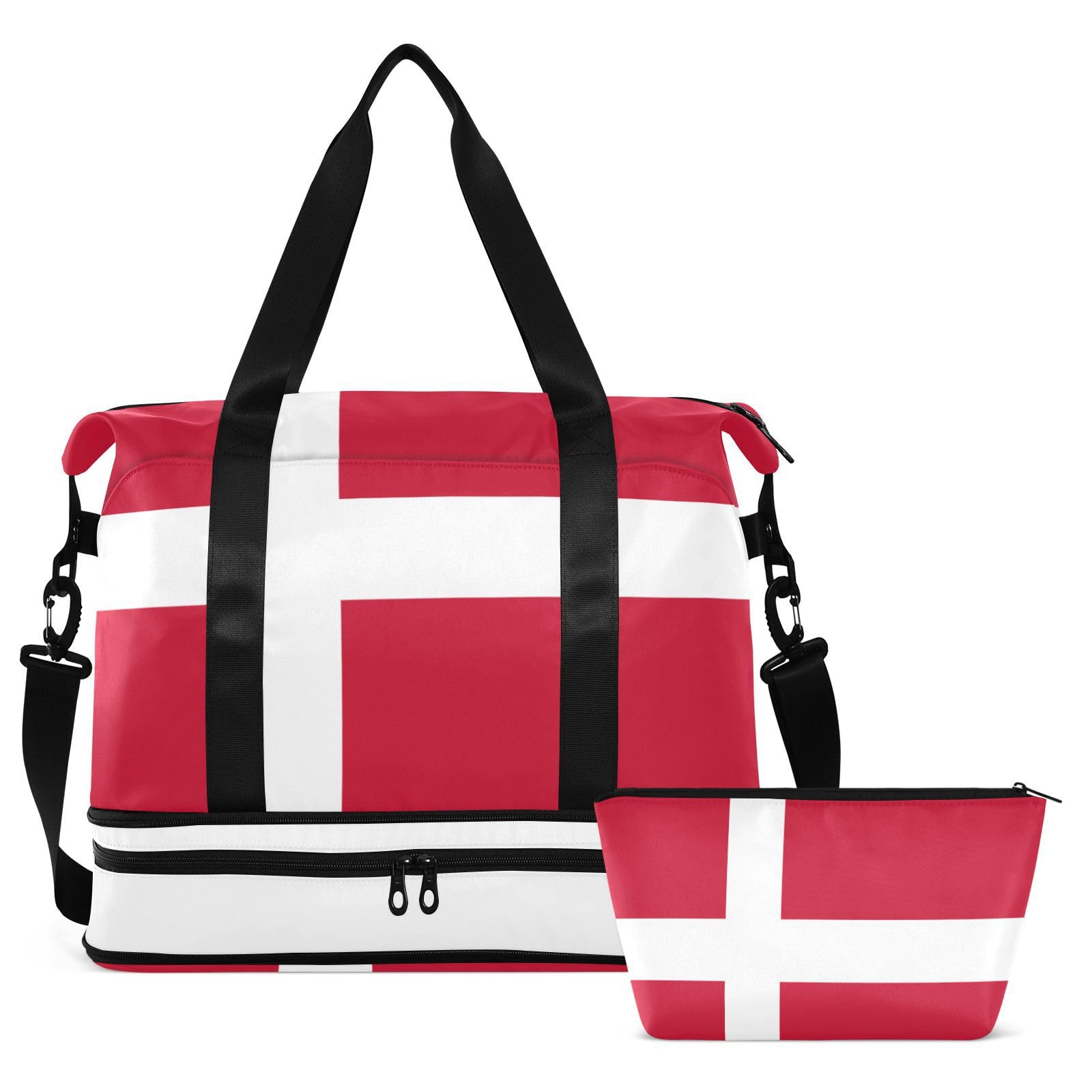 Borsa da viaggio con bandiera della Danimarca con tasca bagnata, tracolla regolabile, borsa da palestra per escursionismo, multifunzionale, per uomini e donne