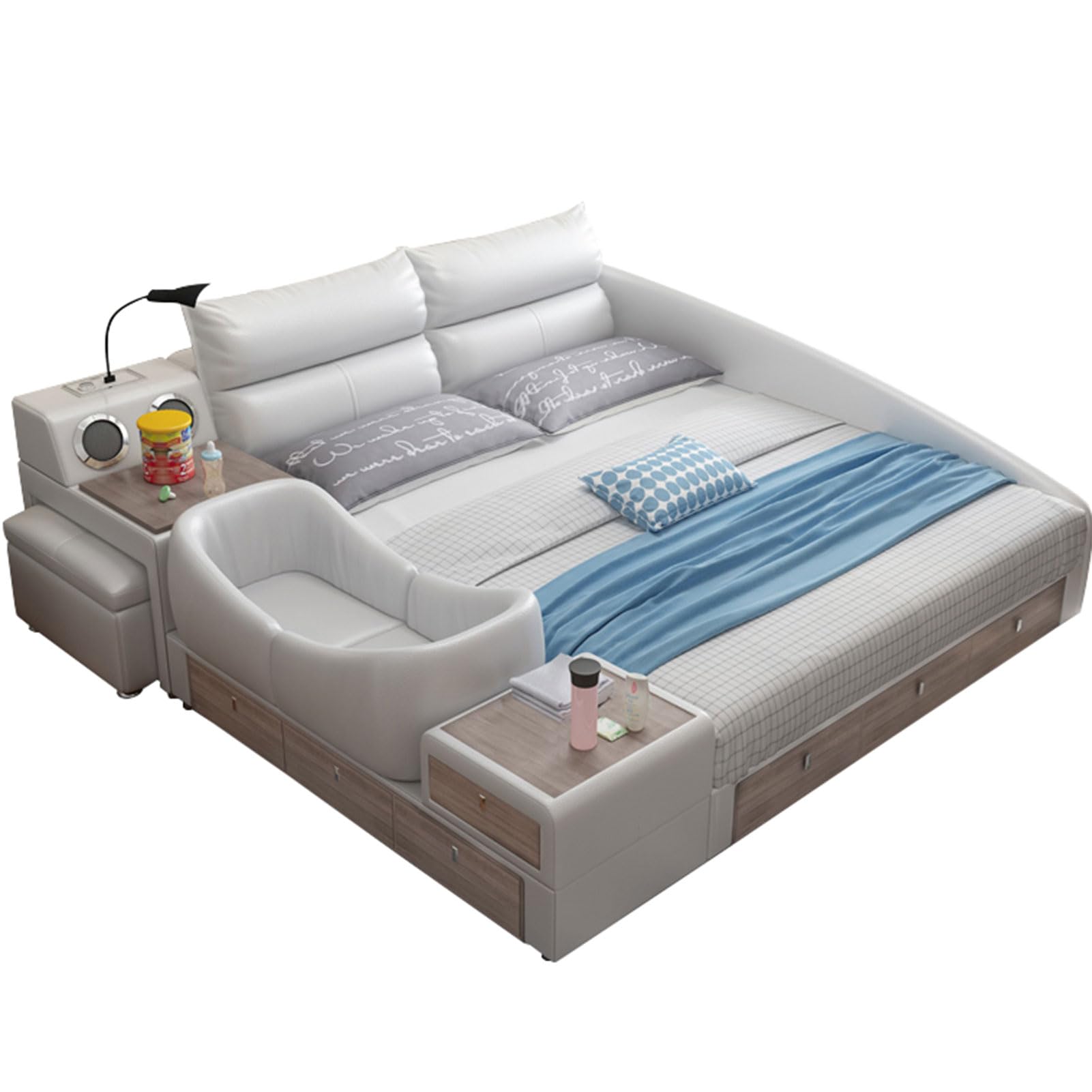 White Modern King Size Genuine Leather Wood Bed Upholstered Platform Bed Frame with Headboard and Storage Drawers Wooden