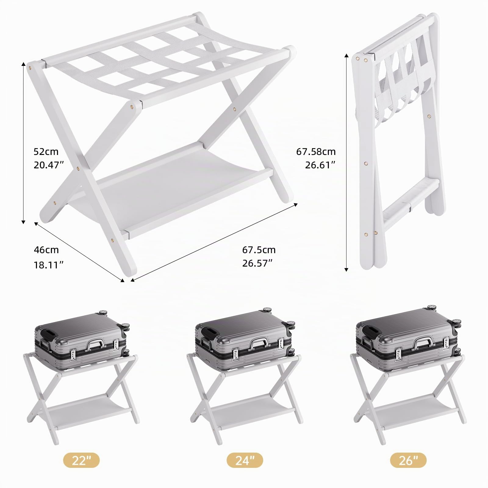 HITNET Porte Valise pour chambre, Lot de 2, Repose Valise Hotel Pliable, Porte Bagage en Bambou, Baggage Stand avec étagère, montage facile, blanc