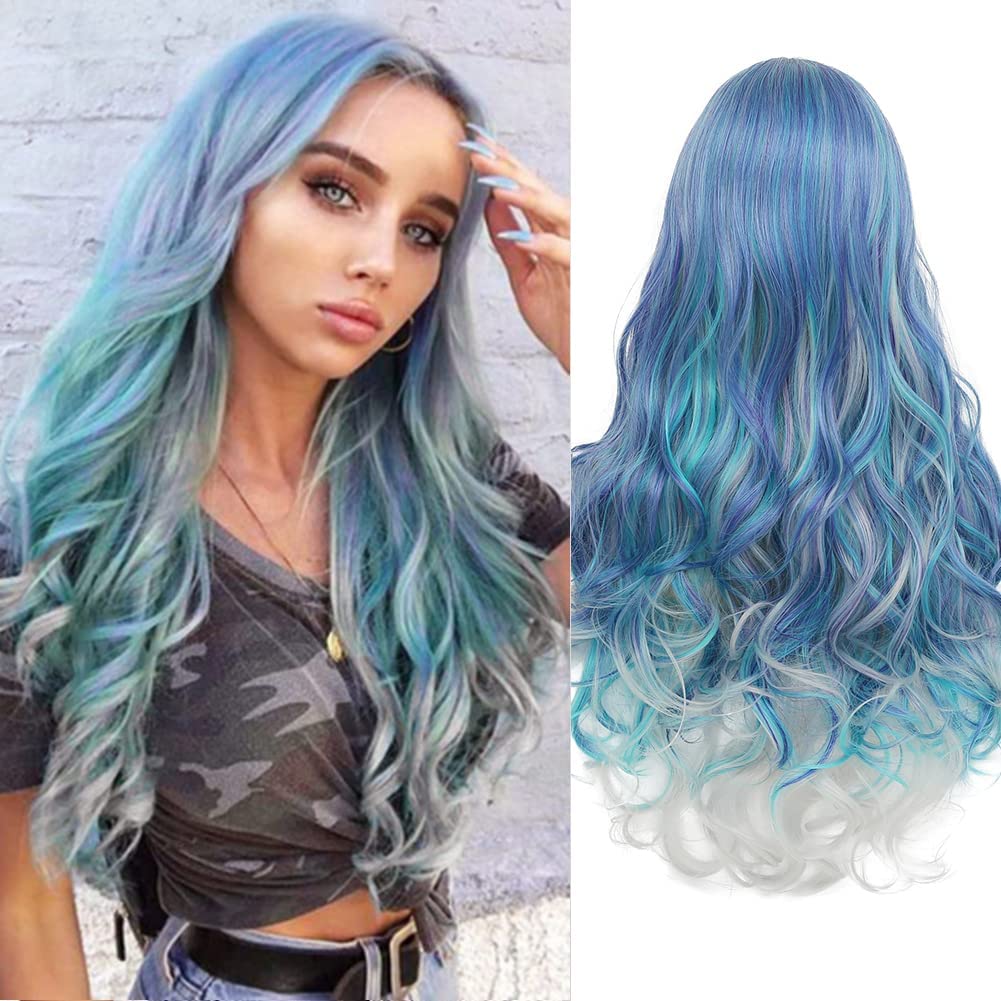 Photo 1 of Dai Cloud Mermaid Wig Ombre Blue Mixed Lilac Grey Wigs for Women Long Curly Wavy Middle Part Hair Colorful Wigs for Halloween Synthetic Wig(Blue and Grey)