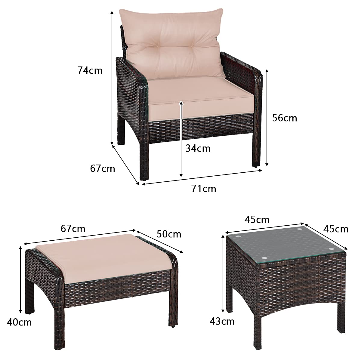 COSTWAY 5PCS Rattan Garden Furniture Set, 4Seater Cushioned Sofa Chair with Glass Top Coffee